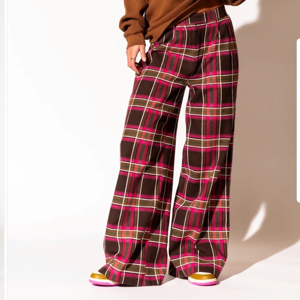 Dressed in LALA Pink and Brown Plaid Trousers